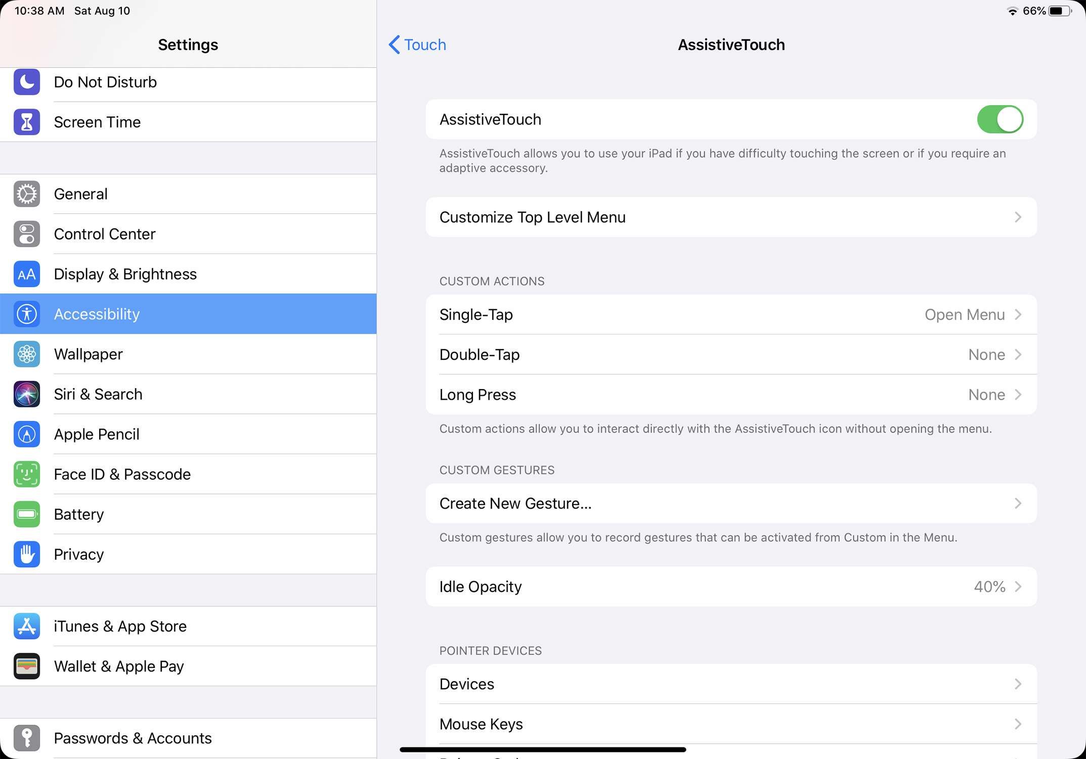 Снимок экрана настройки AssistiveTouch, включенной на iPadOS 13