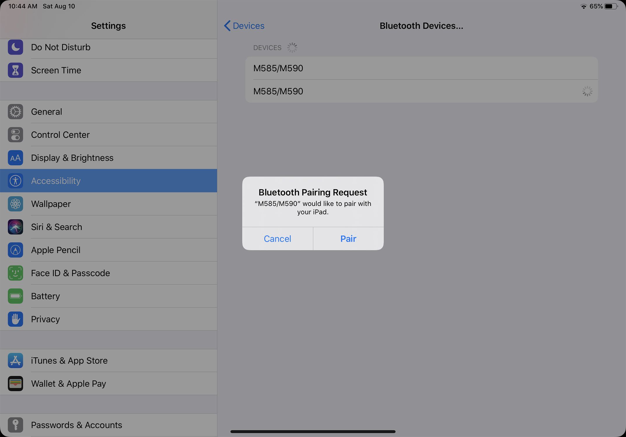 Снимок экрана подключения Bluetooth-мыши к iPad