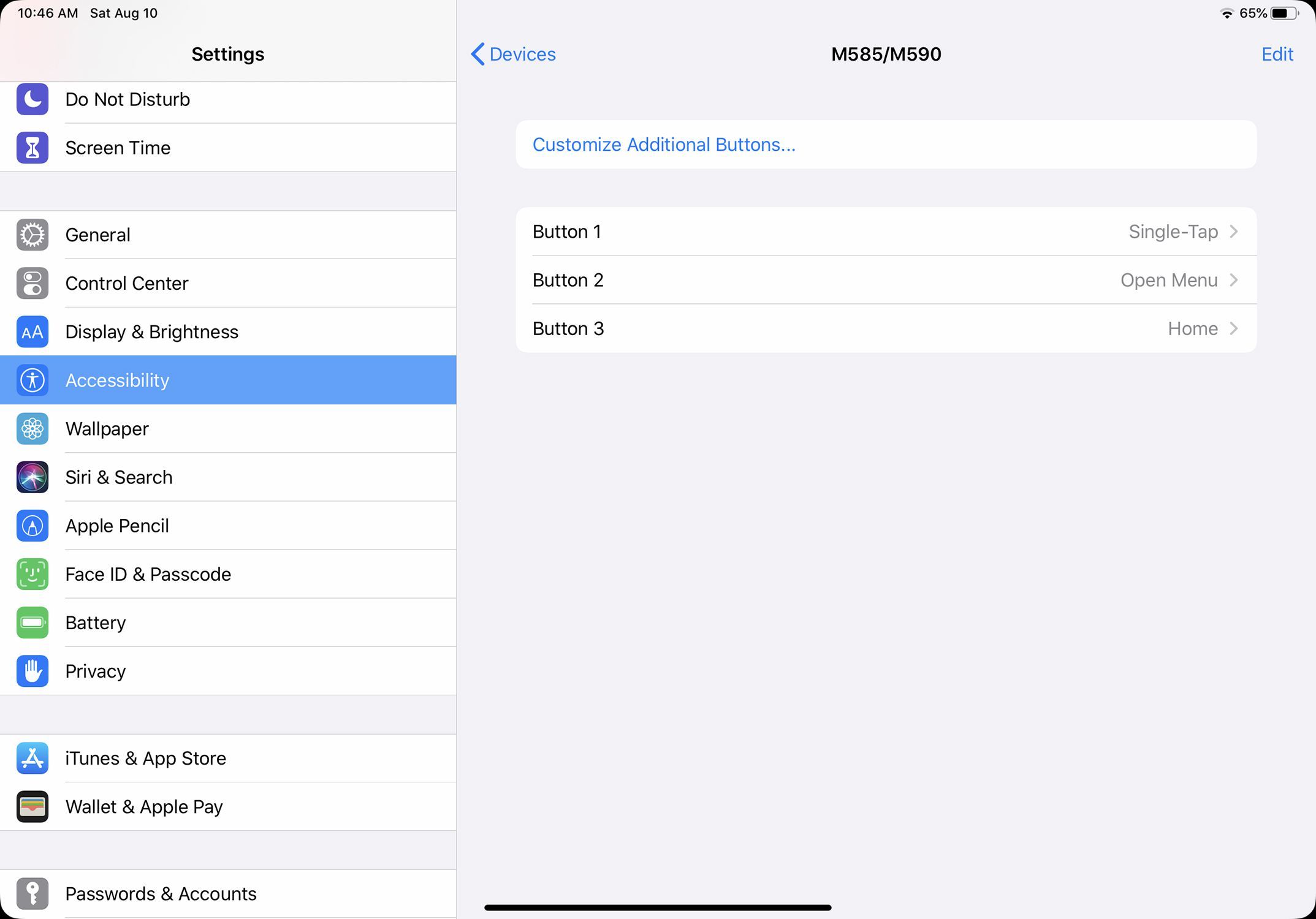 Снимок экрана назначения кнопок мыши в iPadOS 13
