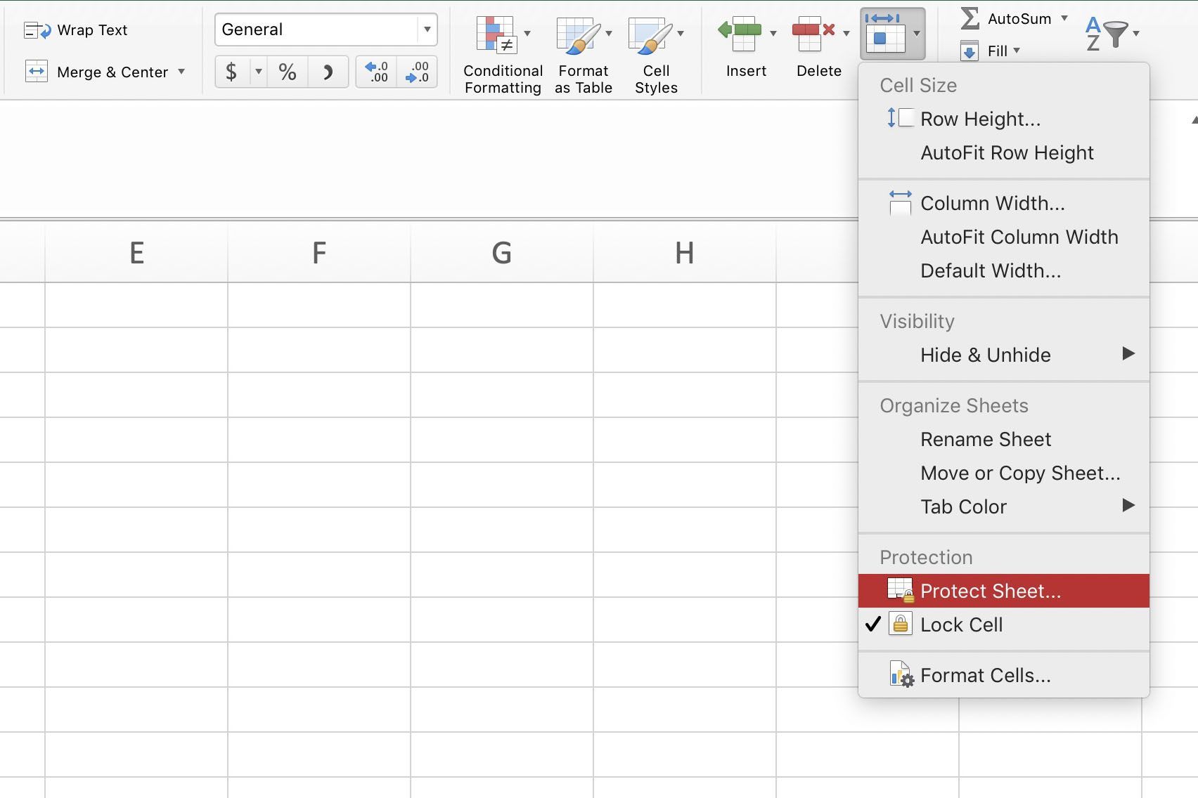Снимок экрана Excel с меню «Формат ячейки»