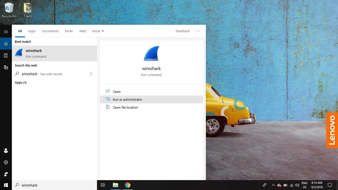 В Windows 10 найдите Wireshark и выберите «Запуск от имени администратора».