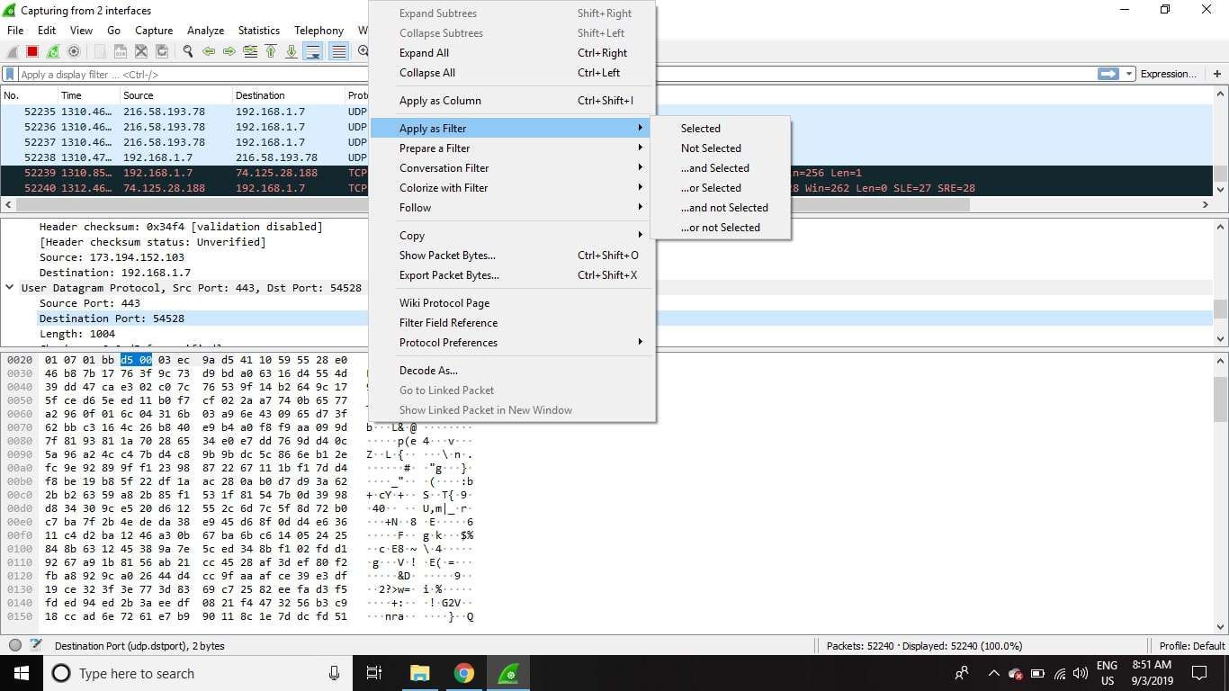 Вы можете применять отдельные фильтры Wireshark на основе конкретных деталей и отслеживать потоки данных в зависимости от типа протокола, щелкнув правой кнопкой мыши нужный элемент.