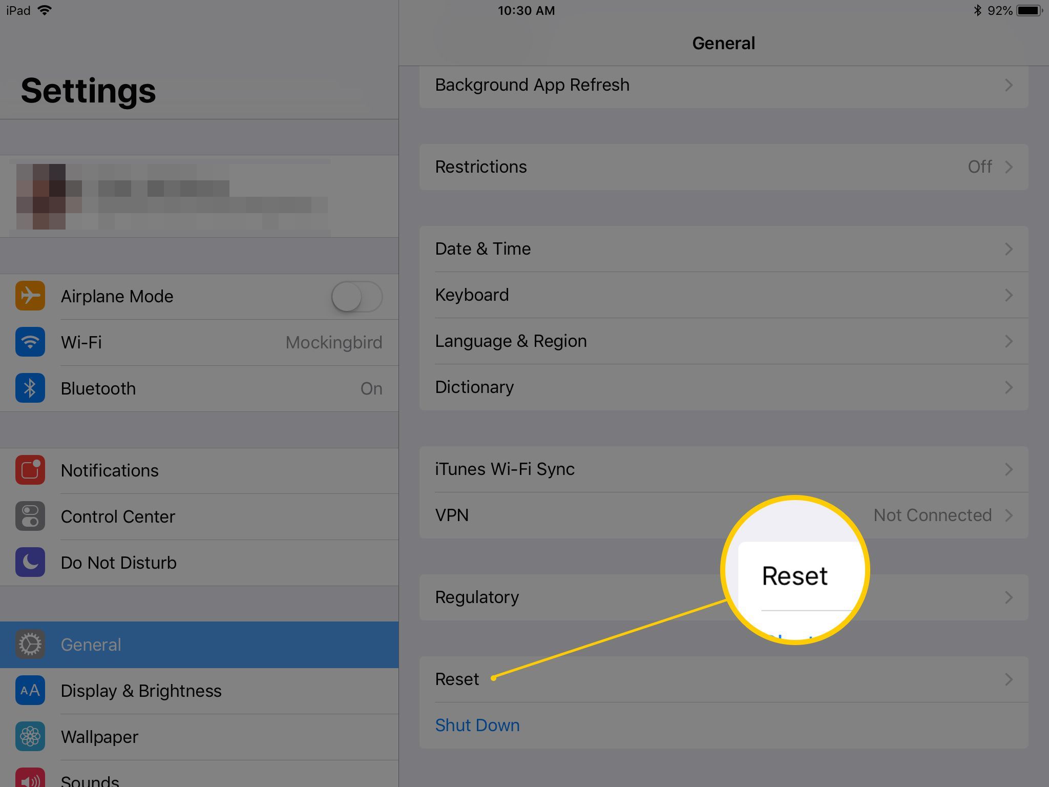 Снимок экрана кнопки сброса в iOS на iPad
