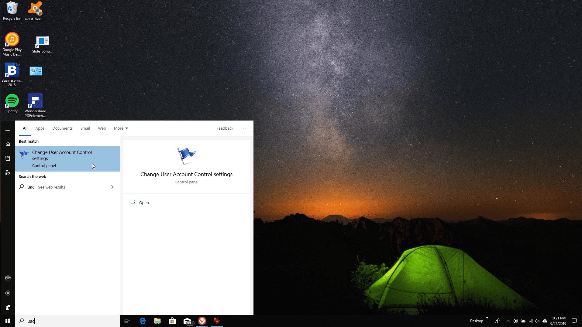 Скриншот открытия настроек UAC в Windows