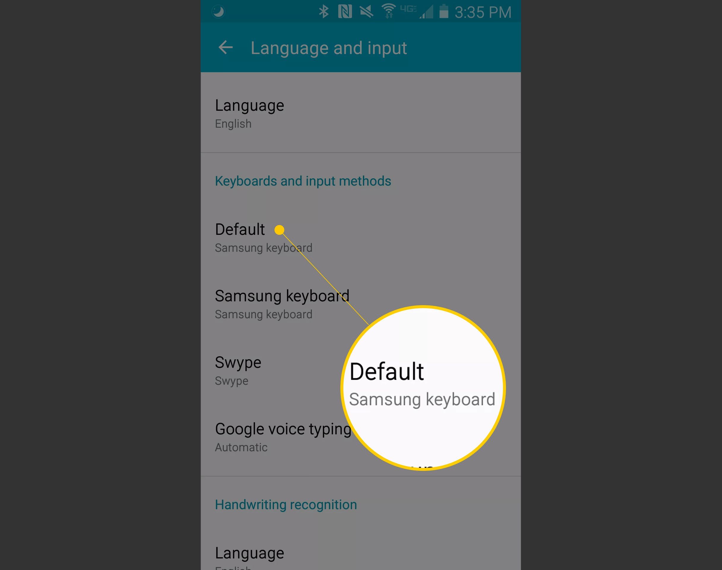 Клавиатура Samsung по умолчанию на языке и экране ввода