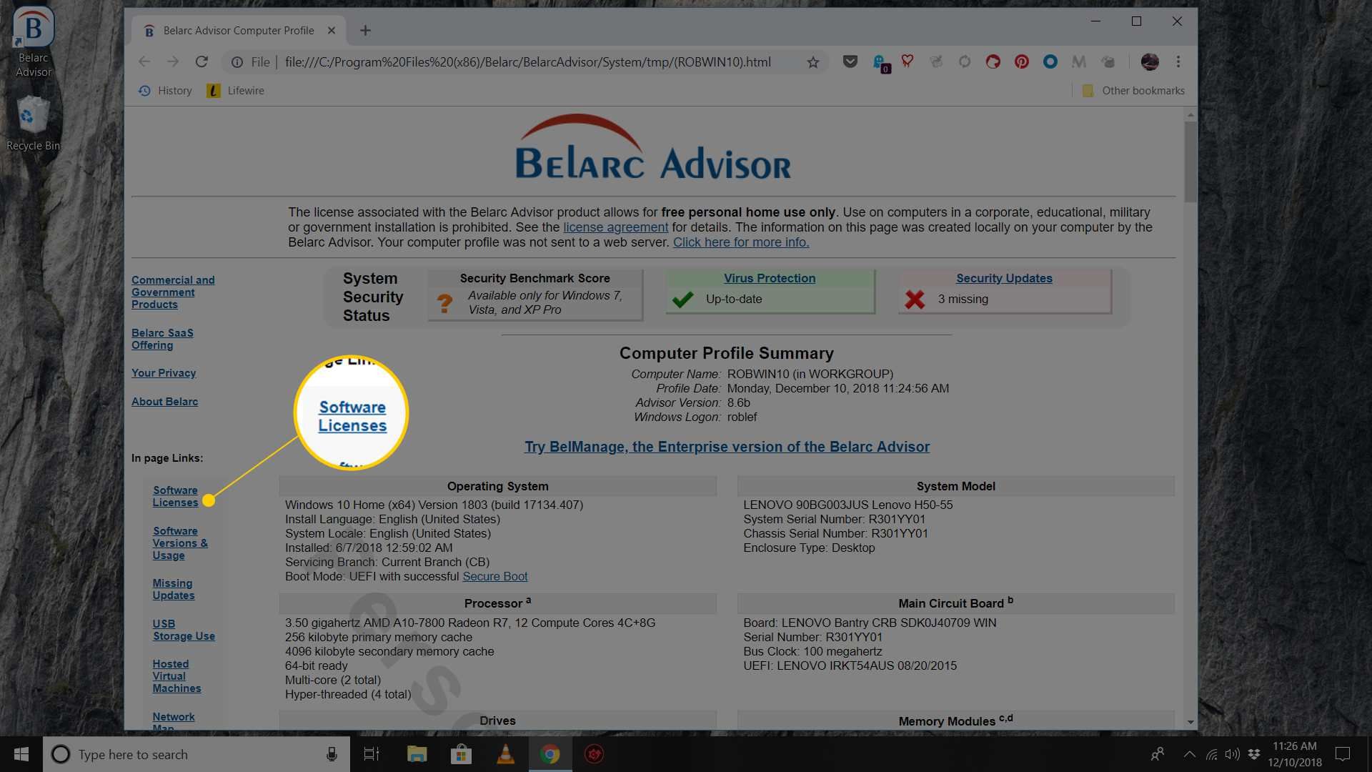 Веб-отчет Belarc Advisor с выделением ссылки на Лицензии на ПО
