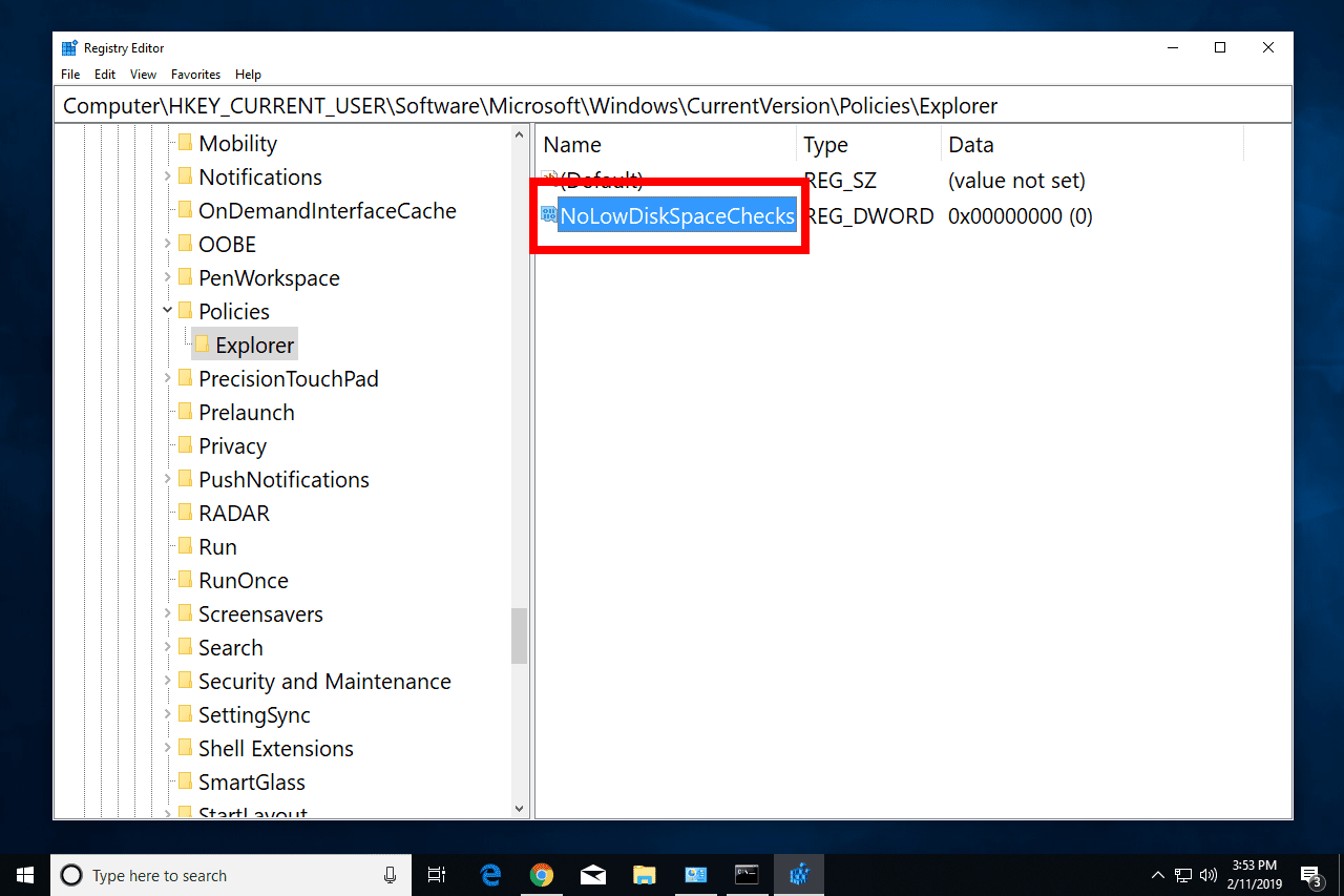 NoLowDiskSpaceChecks значение реестра в Windows 10