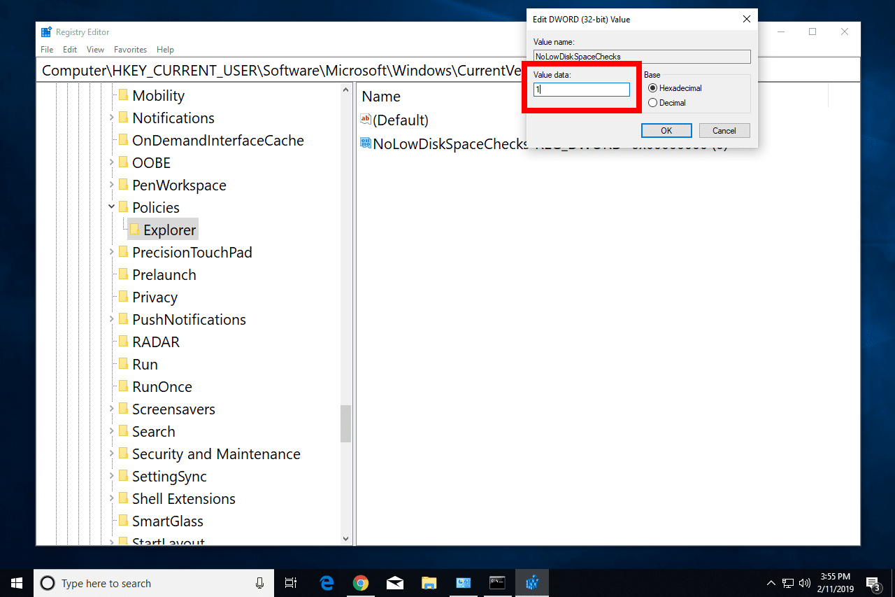 NoLowDiskSpaceChecks значение DWORD в Windows 10