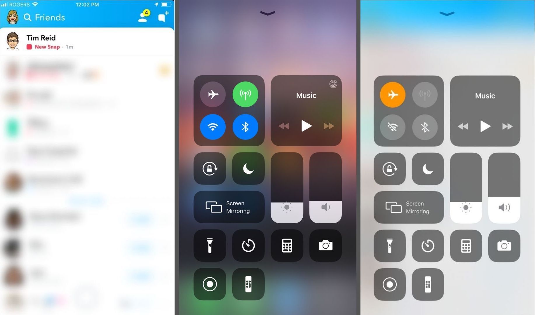 Три скриншота Snapchat для iOS и режим самолета для iOS.