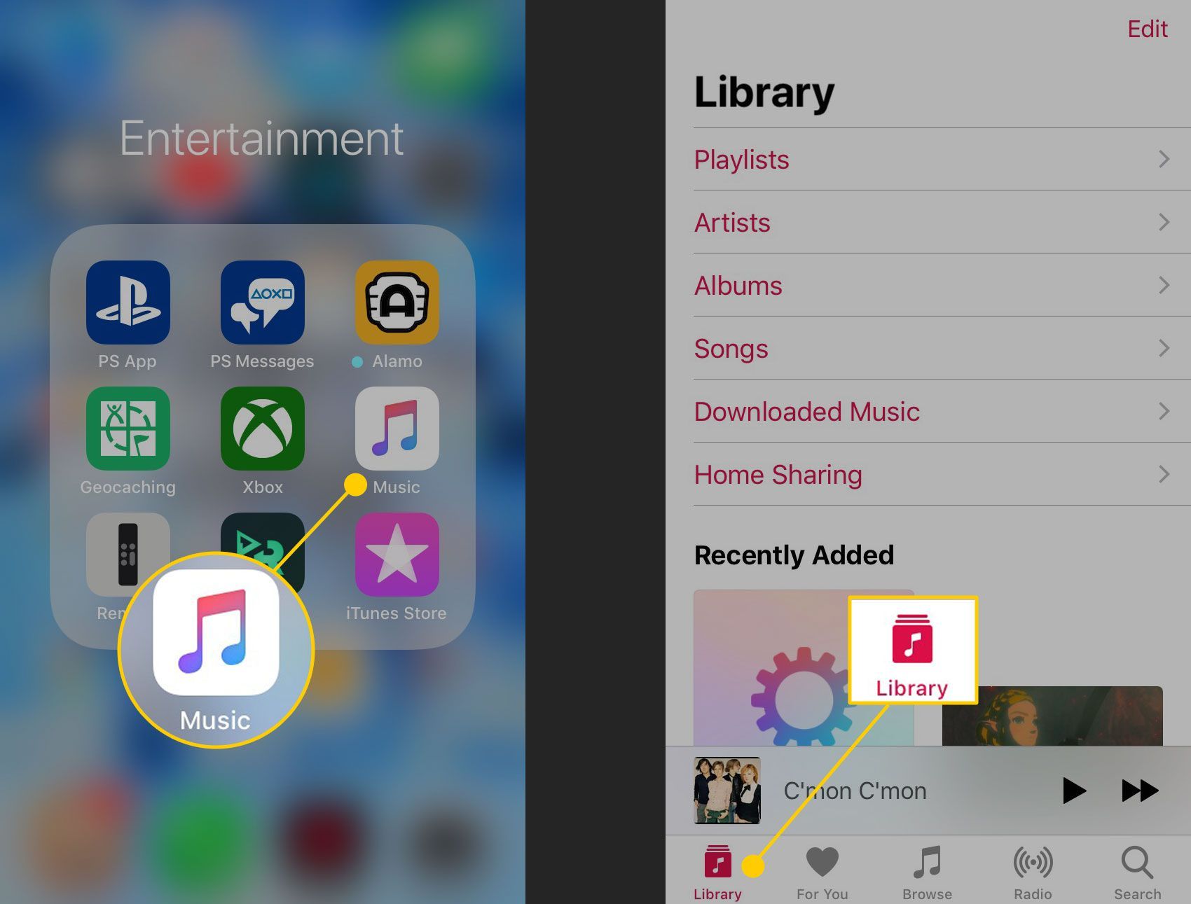 Опция библиотеки в приложении Музыка на iPhone