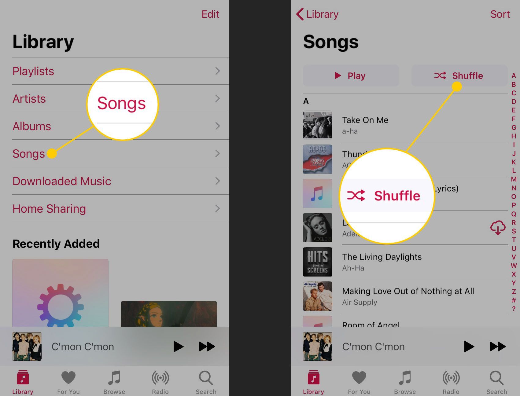 Варианты песен и воспроизведения в случайном порядке на iPhone