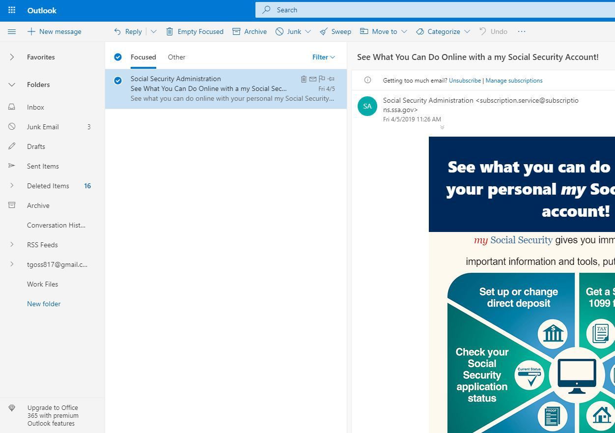 Снимок экрана выбранного сообщения Outlook.com