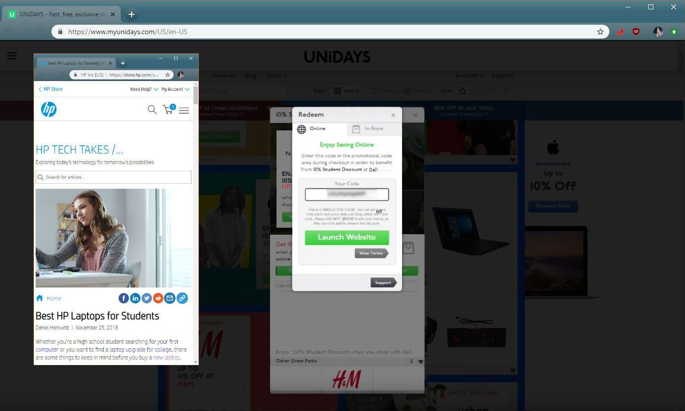 Скриншот HP's student discount on Unidays.