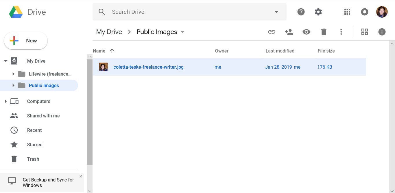 Снимок экрана, показывающий, как загрузить изображение в Google с помощью Google Drive