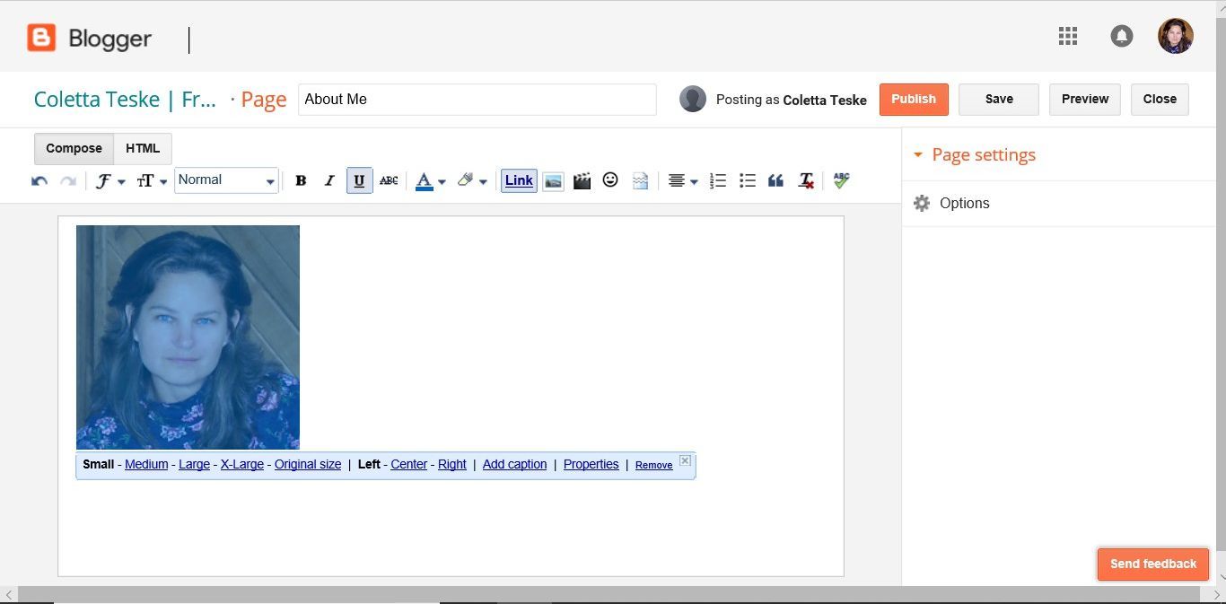 Снимок экрана, показывающий, как добавить подпись в Blogger для загрузки изображения в Google