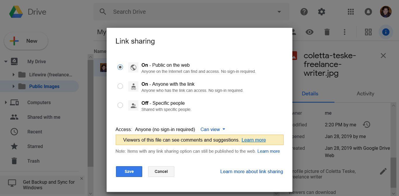 Снимок экрана, показывающий, как сделать файл общедоступным в Google Диске