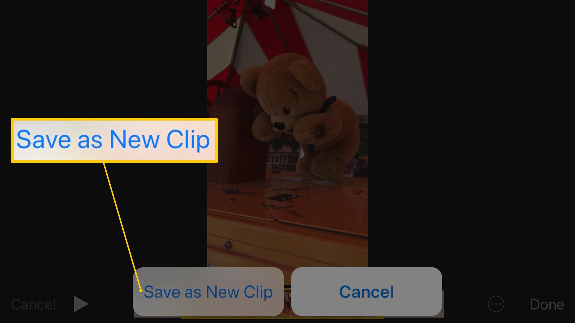 Кнопка «Сохранить как новый клип» в процессе редактирования на iOS 12's Photos app on an iPhone 8 Plus