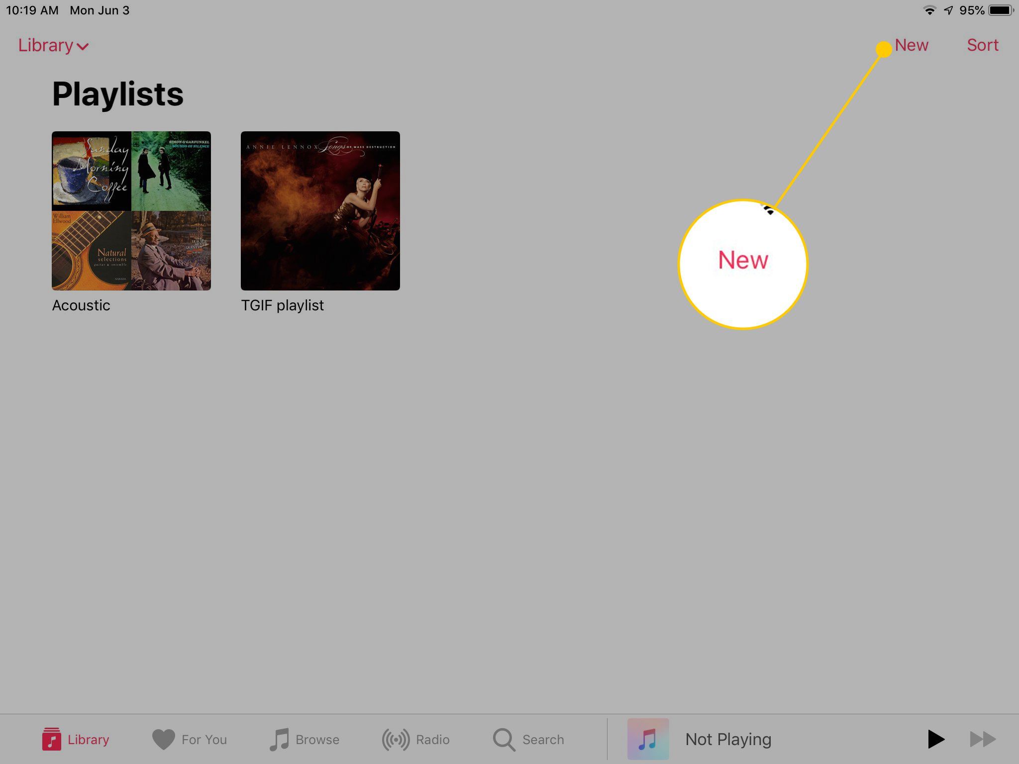 Новая кнопка на вкладке «Библиотека» приложения iPad Music