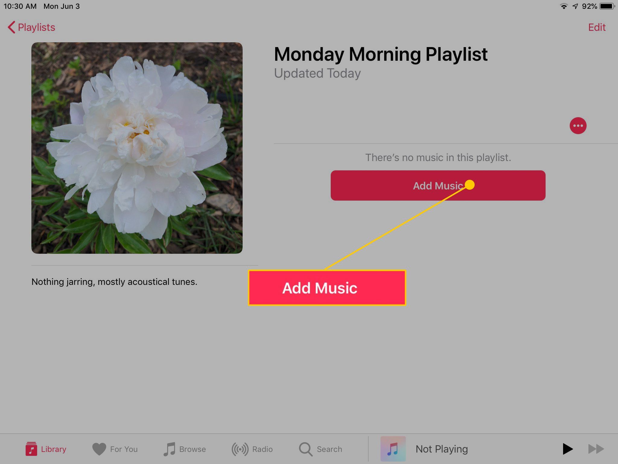 Кнопка «Добавить музыку» для плейлиста приложения «Музыка»