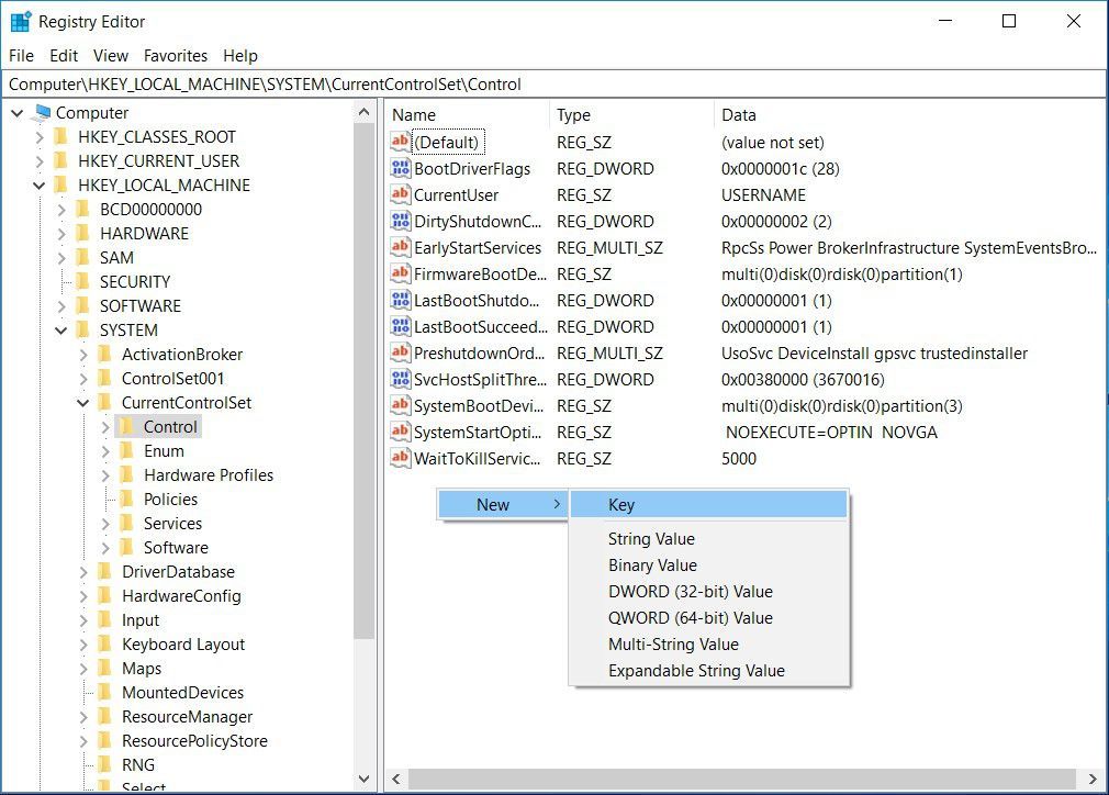 Снимок экрана, показывающий, как создать ключ в реестре Windows для снятия защиты от записи