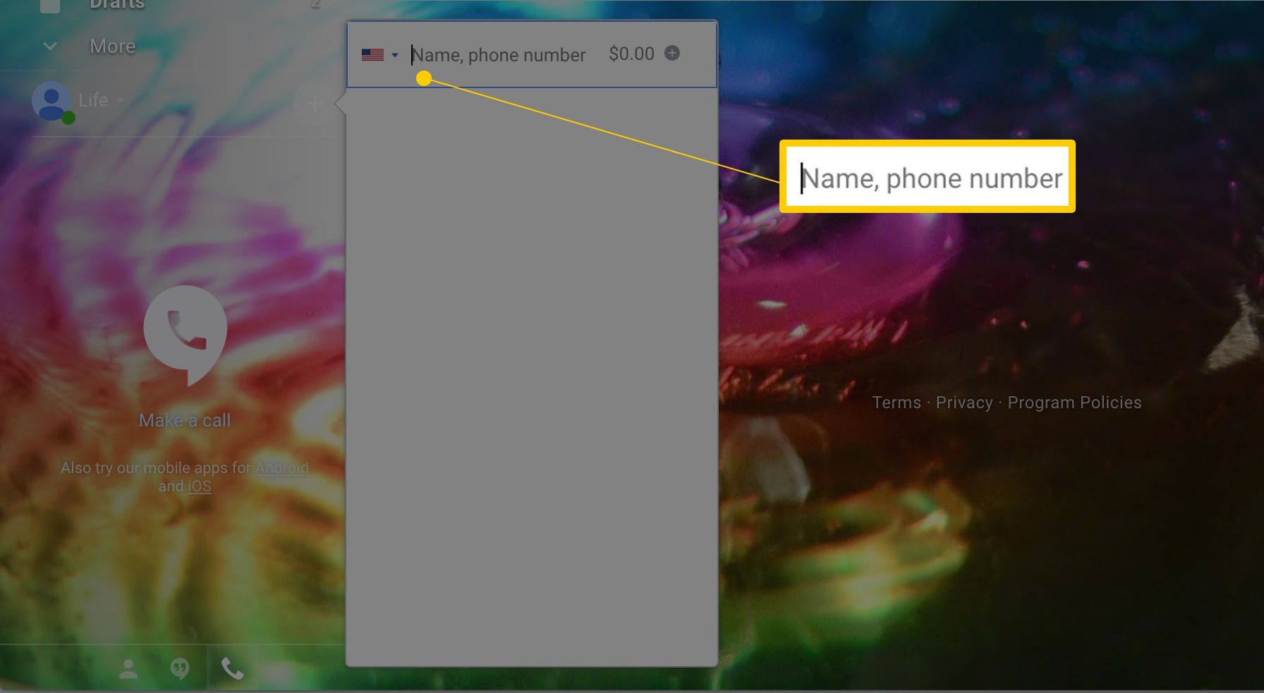 Имя, поле номера телефона в интерфейсе Gmail Hangouts