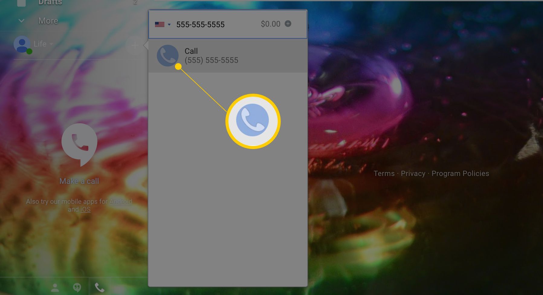 Кнопка вызова в интерфейсе Hangouts Gmail