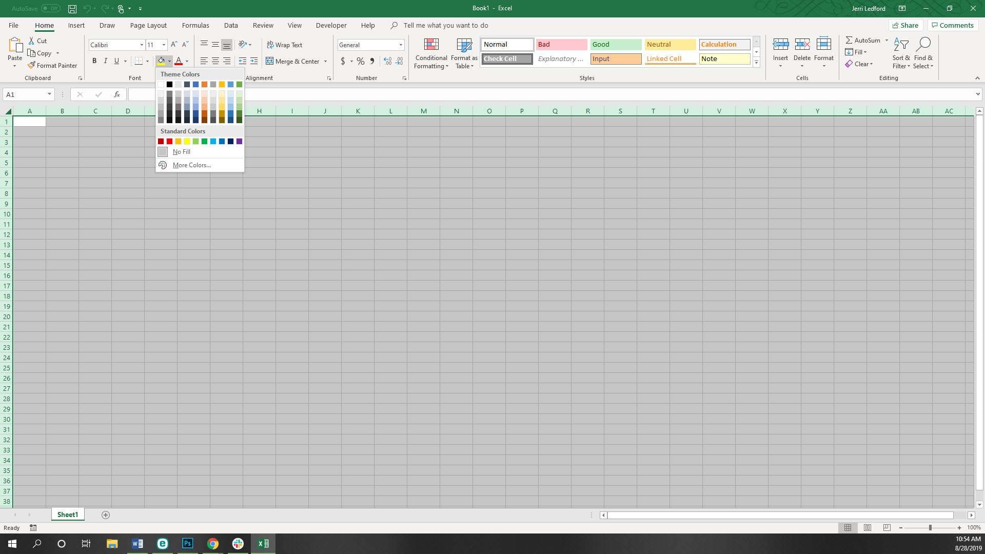 Варианты цвета заливки Excel.