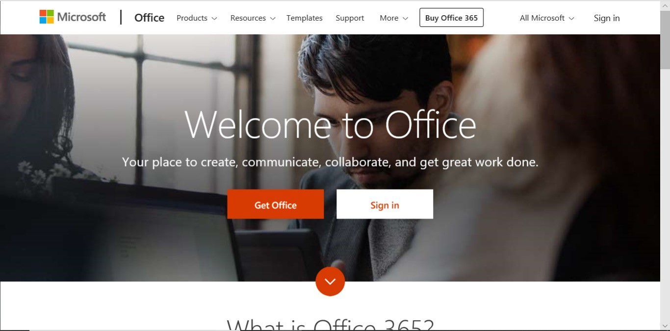 Веб-страница «Добро пожаловать в Office», используемая для входа в учетную запись Microsoft