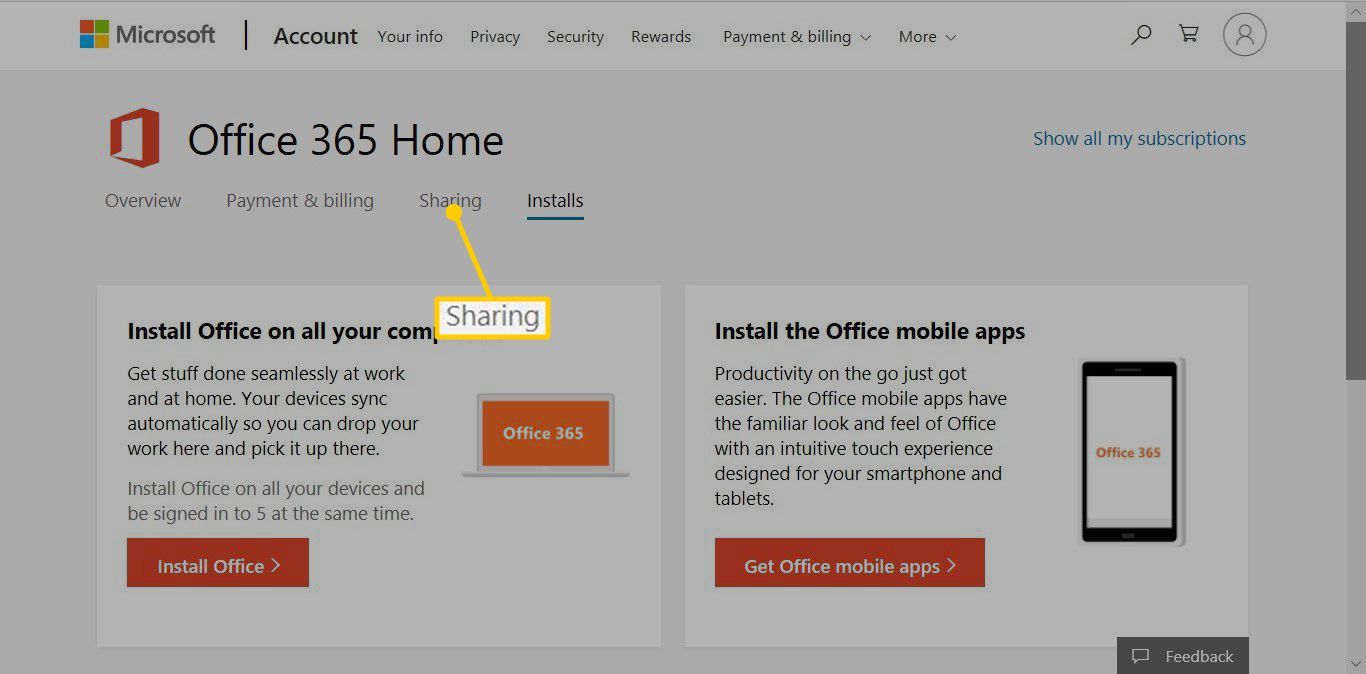 Страница домашней учетной записи Office 365 с вкладкой «Общий доступ» для обмена подпиской с другими.