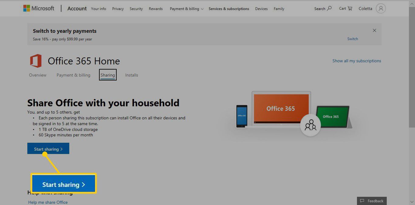 Веб-страница Office 365 Home Sharing