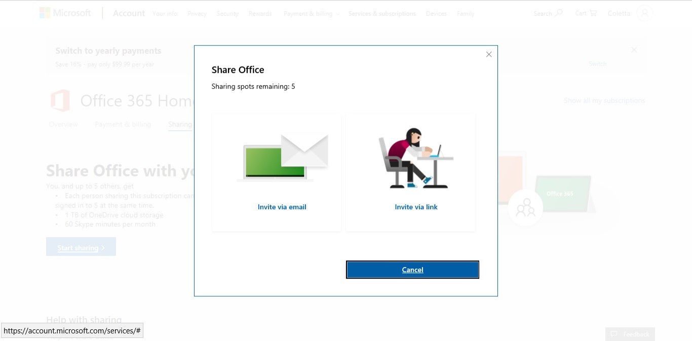 Окно Share Office с параметрами общего доступа Office