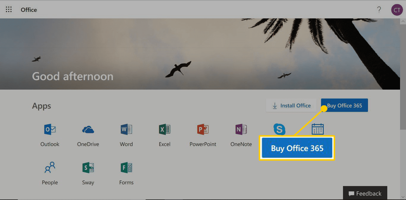 Страница портала Office 365 с приложениями Office Online и ссылкой для покупки Office 365
