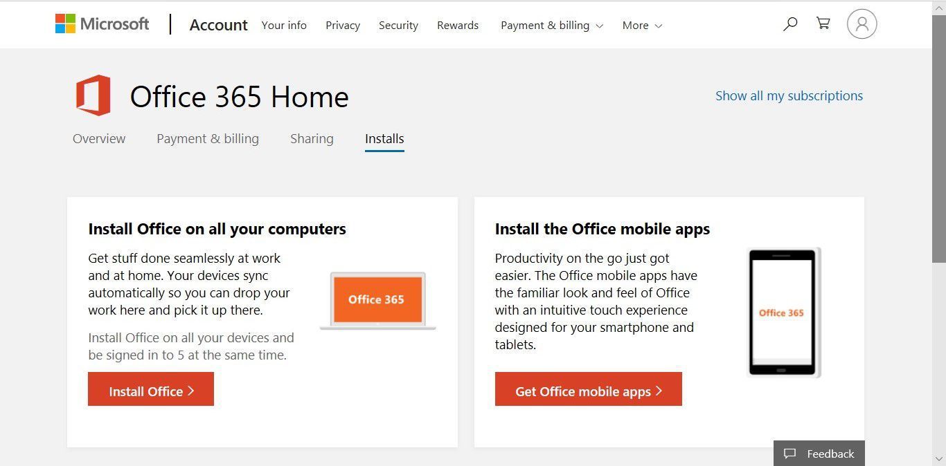 Страница домашней учетной записи Office 365 с ссылками для установки Office 365