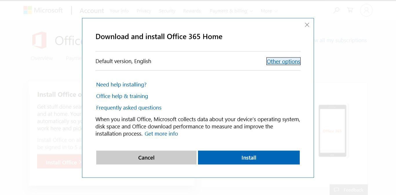 Всплывающее окно Загрузка и установка Office 365 Home