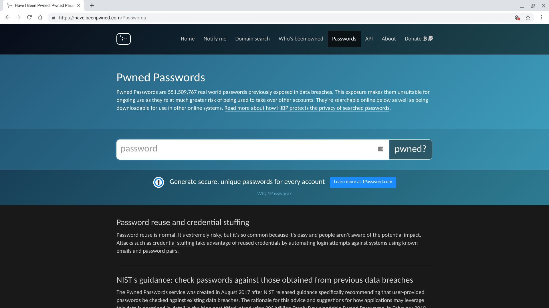 Снимок экрана поиска пароля на сайте haveibeenpwned.com с пустым полем для ввода пароля