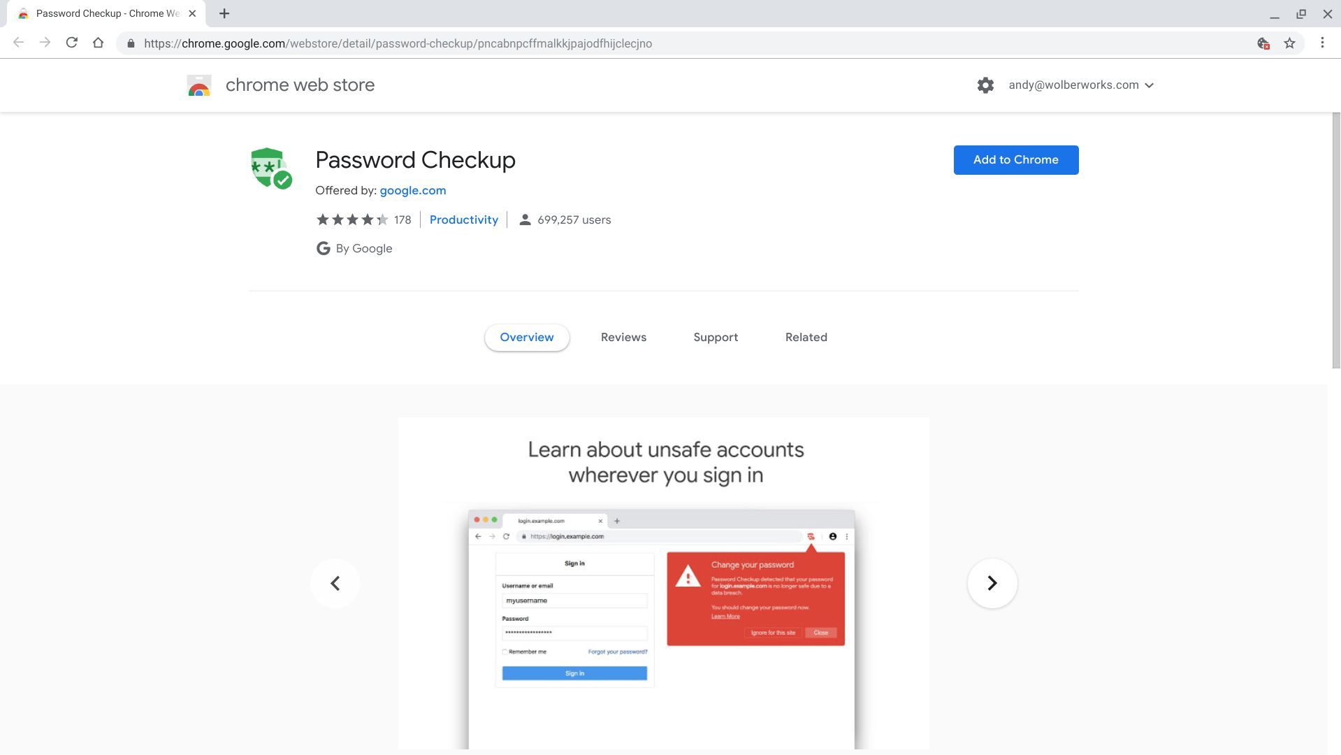 Снимок экрана страницы установки расширения Google Password Checkup Chome с