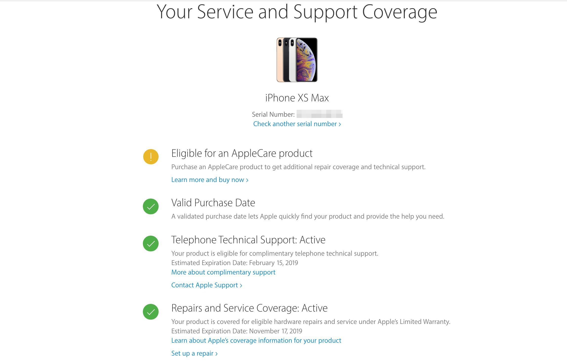 Сводная страница покрытия обслуживания и поддержки на сайте Apple