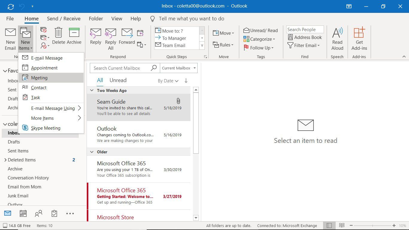 Outlook, показывающий, как создать новое приглашение на встречу