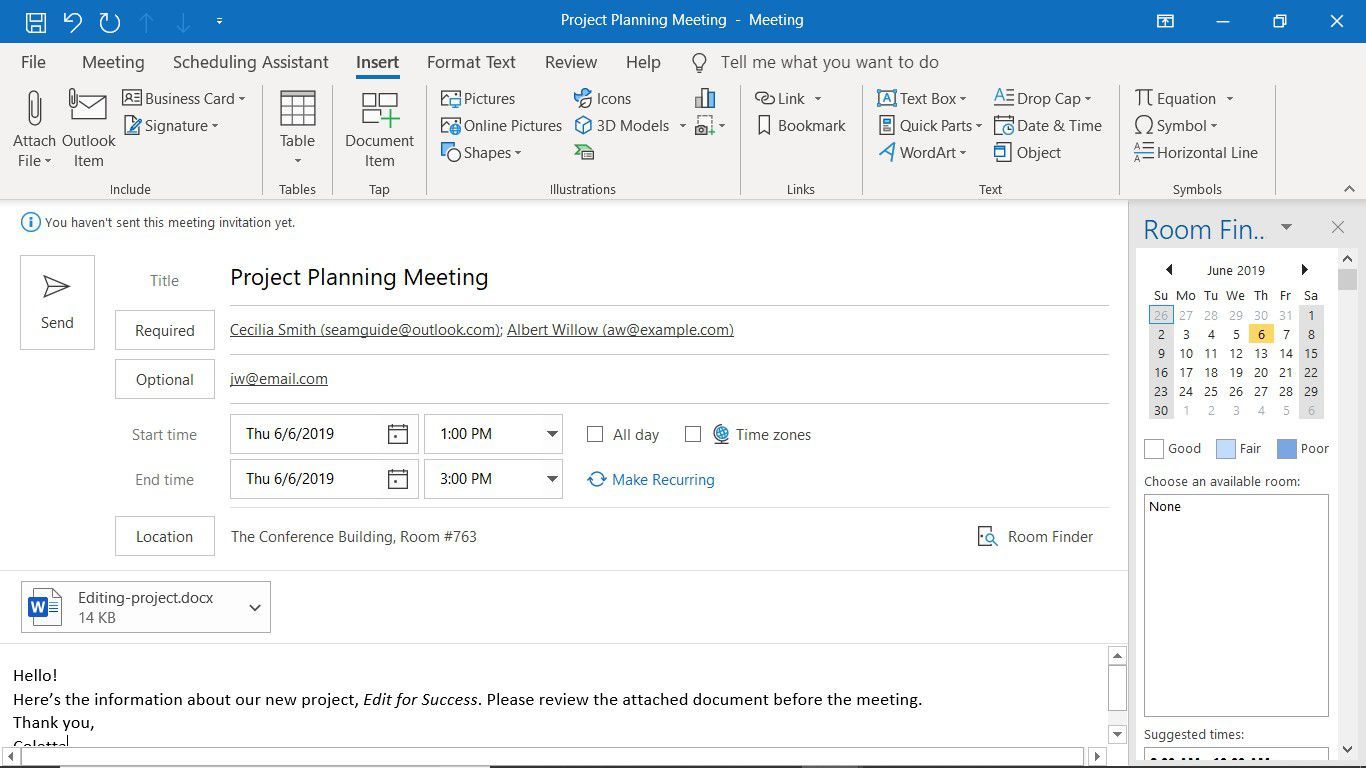 Новое приглашение на встречу в Outlook с вложенным файлом