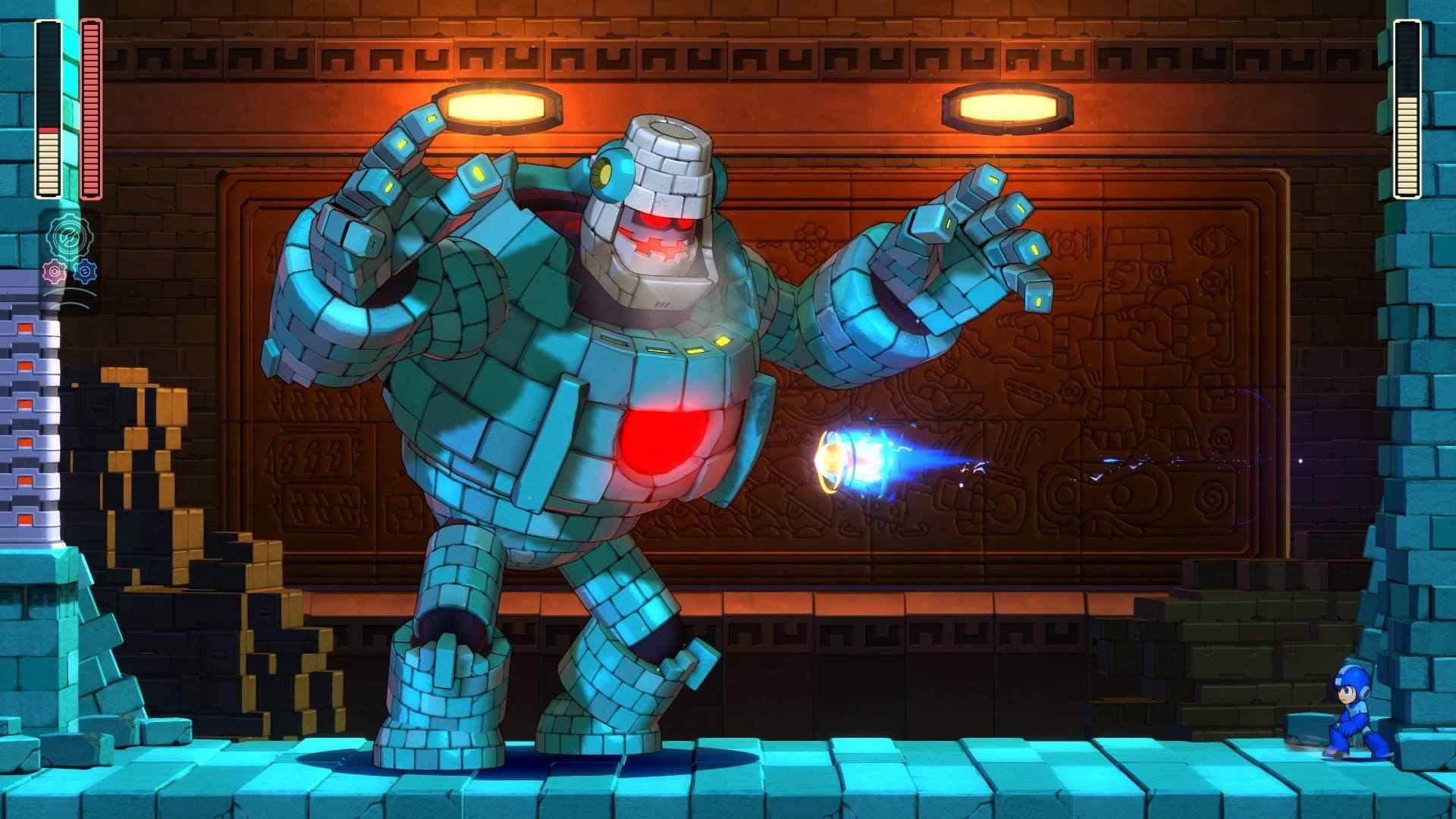 Mega Man атакует Block Man выстрелами из Mega Buster.
