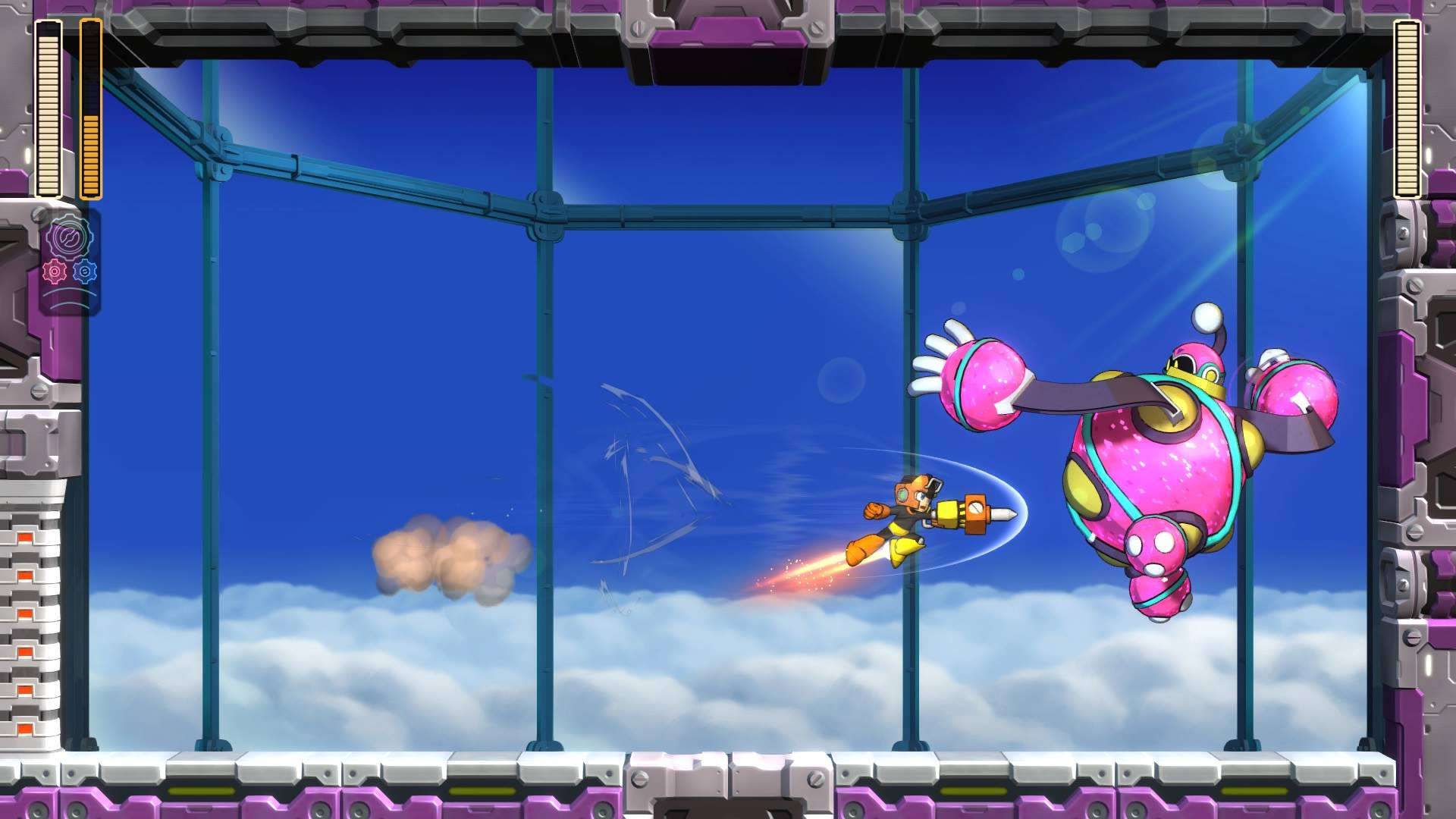 Mega Man атакует Bounce Man с помощью Pile Driver в Mega Man 11.
