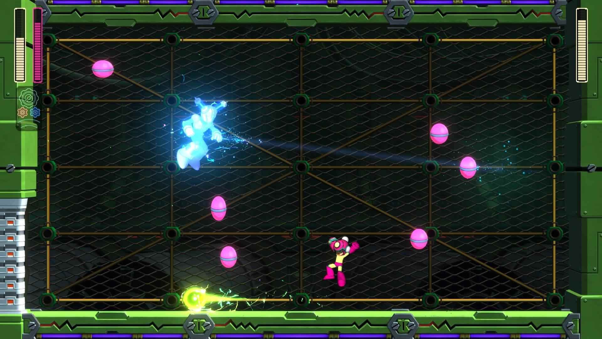 Mega Man атакует Fuse Man с помощью Bounce Ball в Mega Man 11.