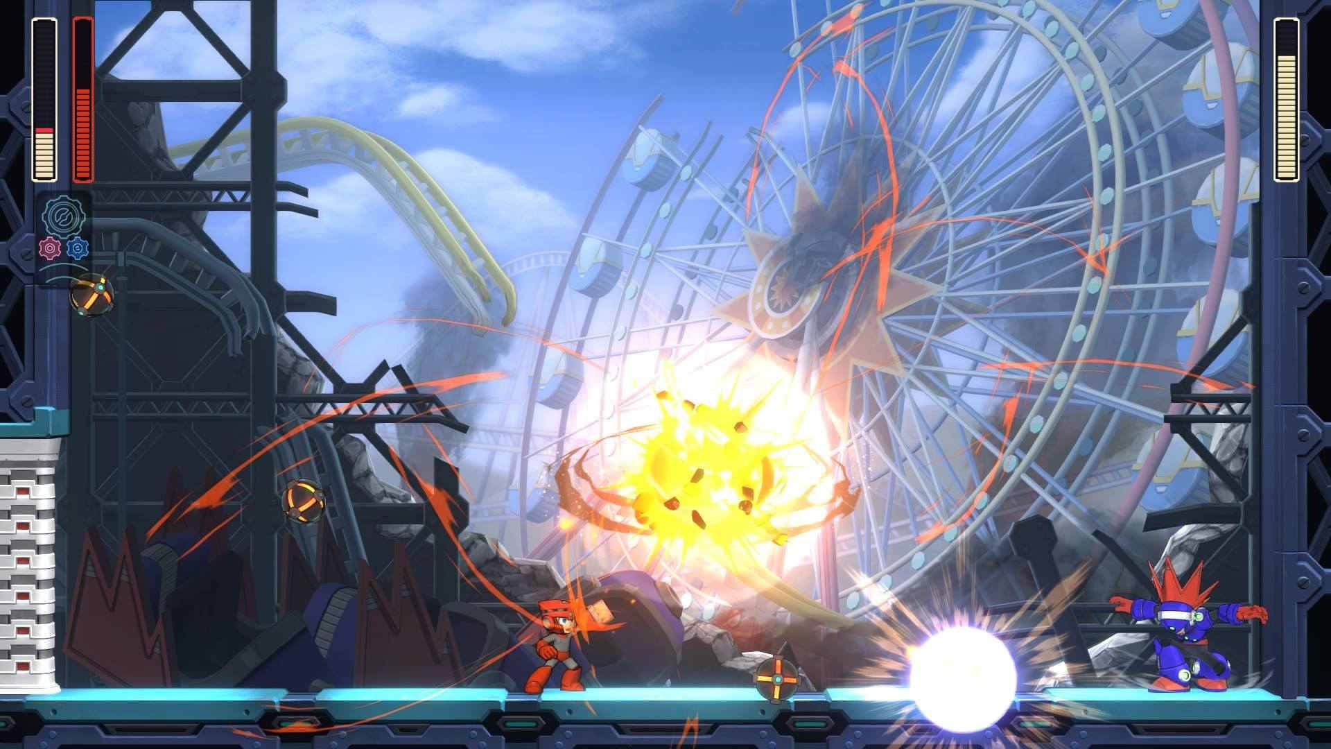Mega Man атакует Blast Man пылающим факелом в Mega Man 11.