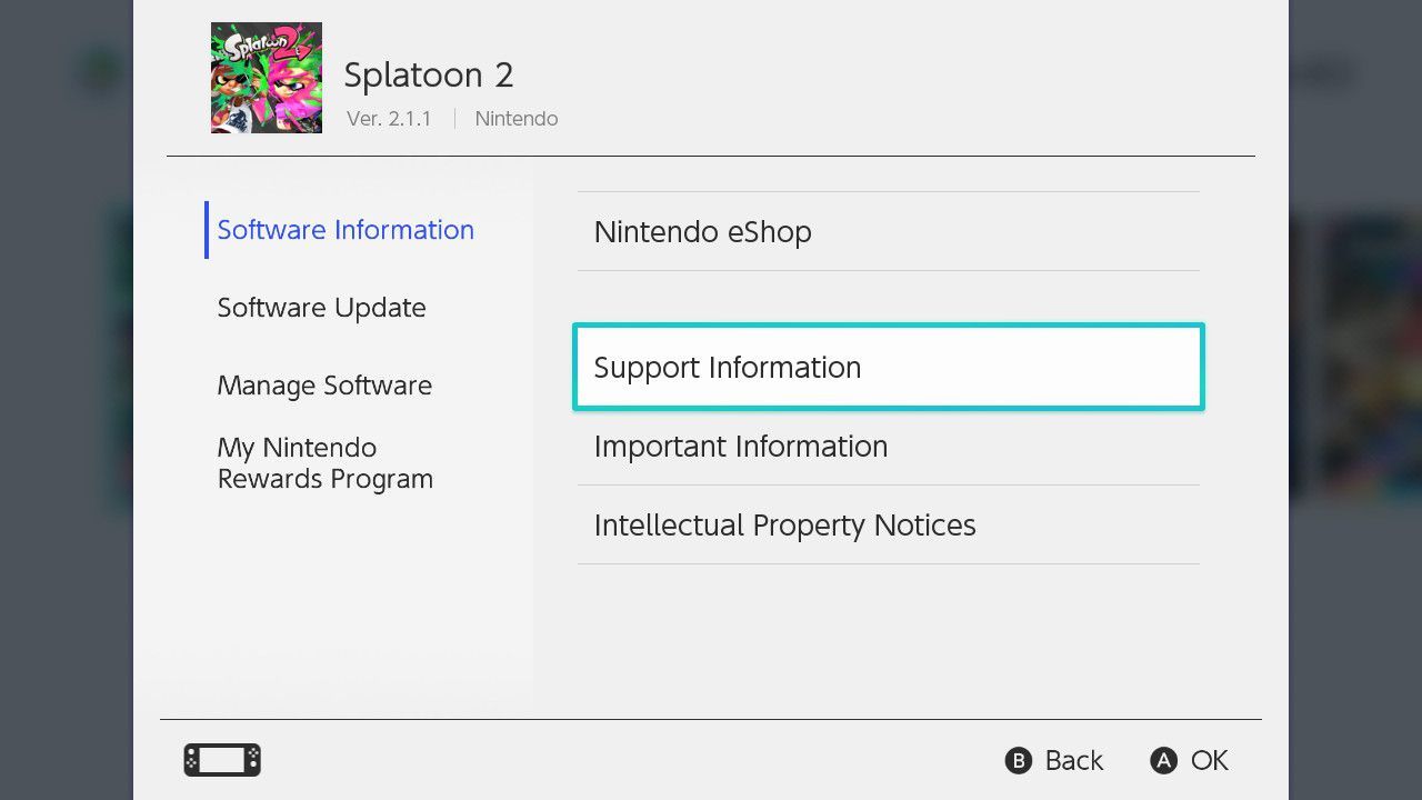 Снимок экрана с информацией о программном обеспечении в Nintendo Switch.