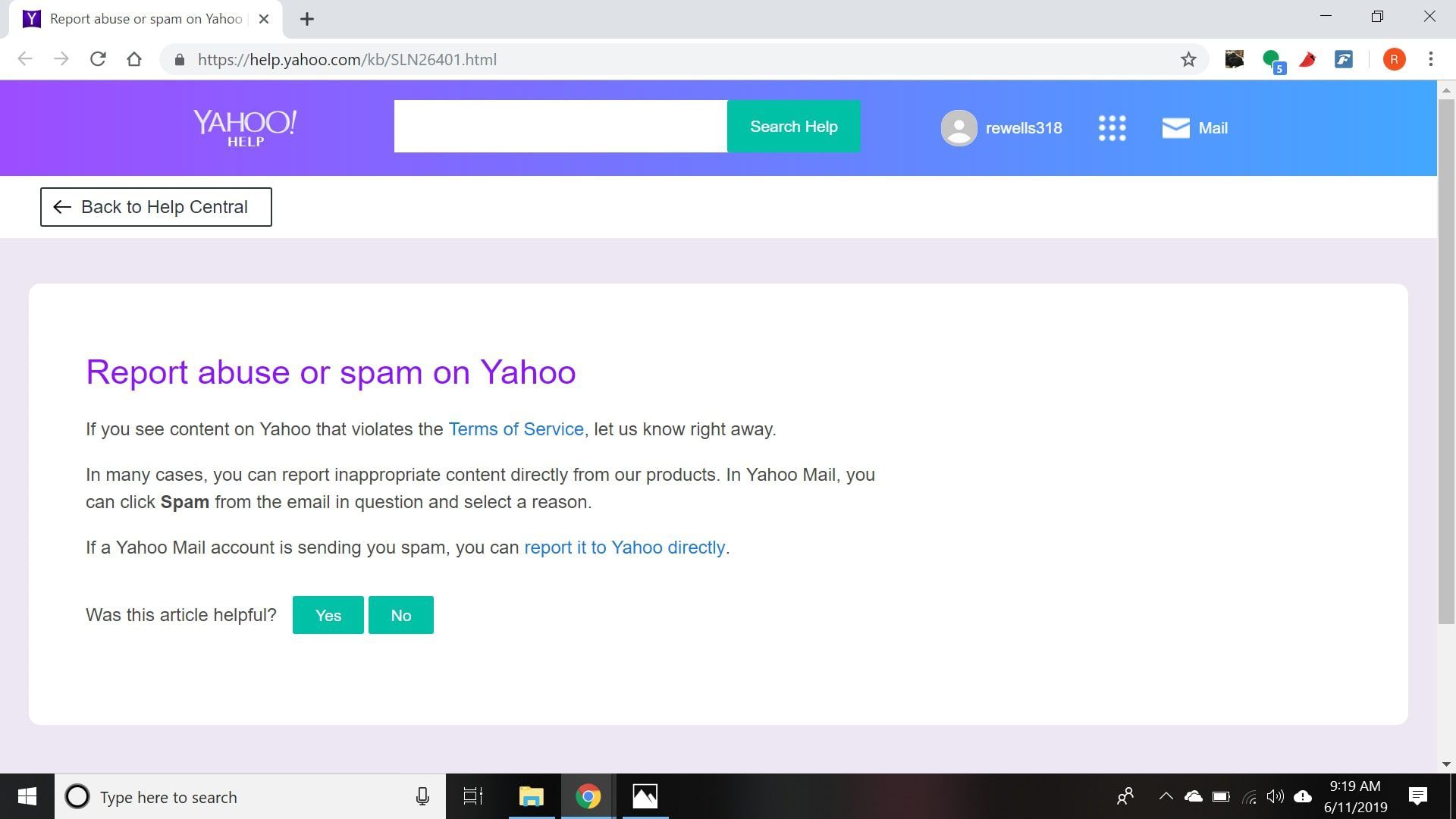 снимок экрана - выберите Сообщить об этом напрямую в Yahoo и введите запрашиваемую информацию на странице Сообщить о злоупотреблении или спаме на странице Yahoo.
