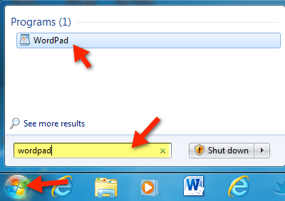 WordPad меню Пуск Windows 7