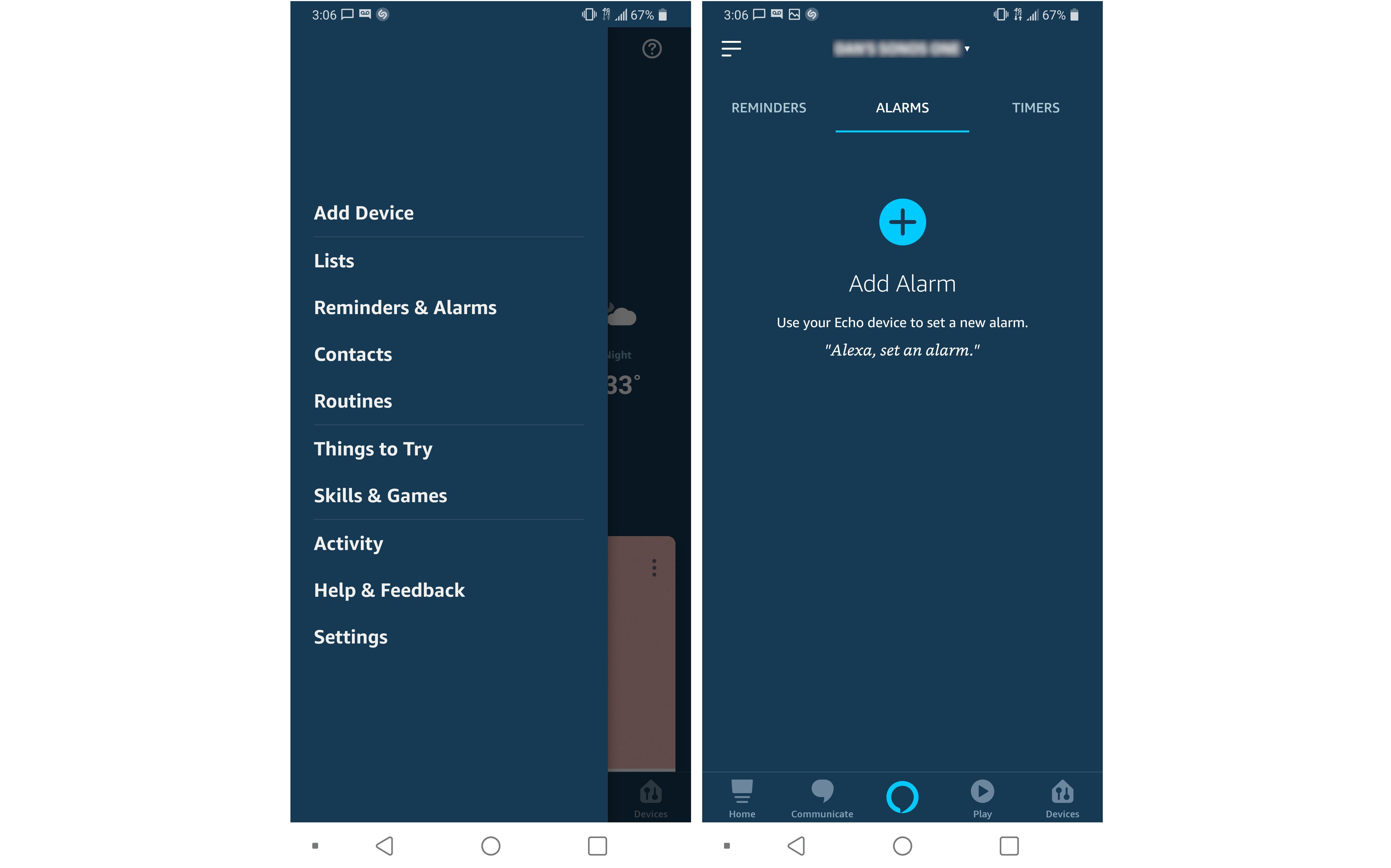 Два экрана, показывающие приложение Android Alexa