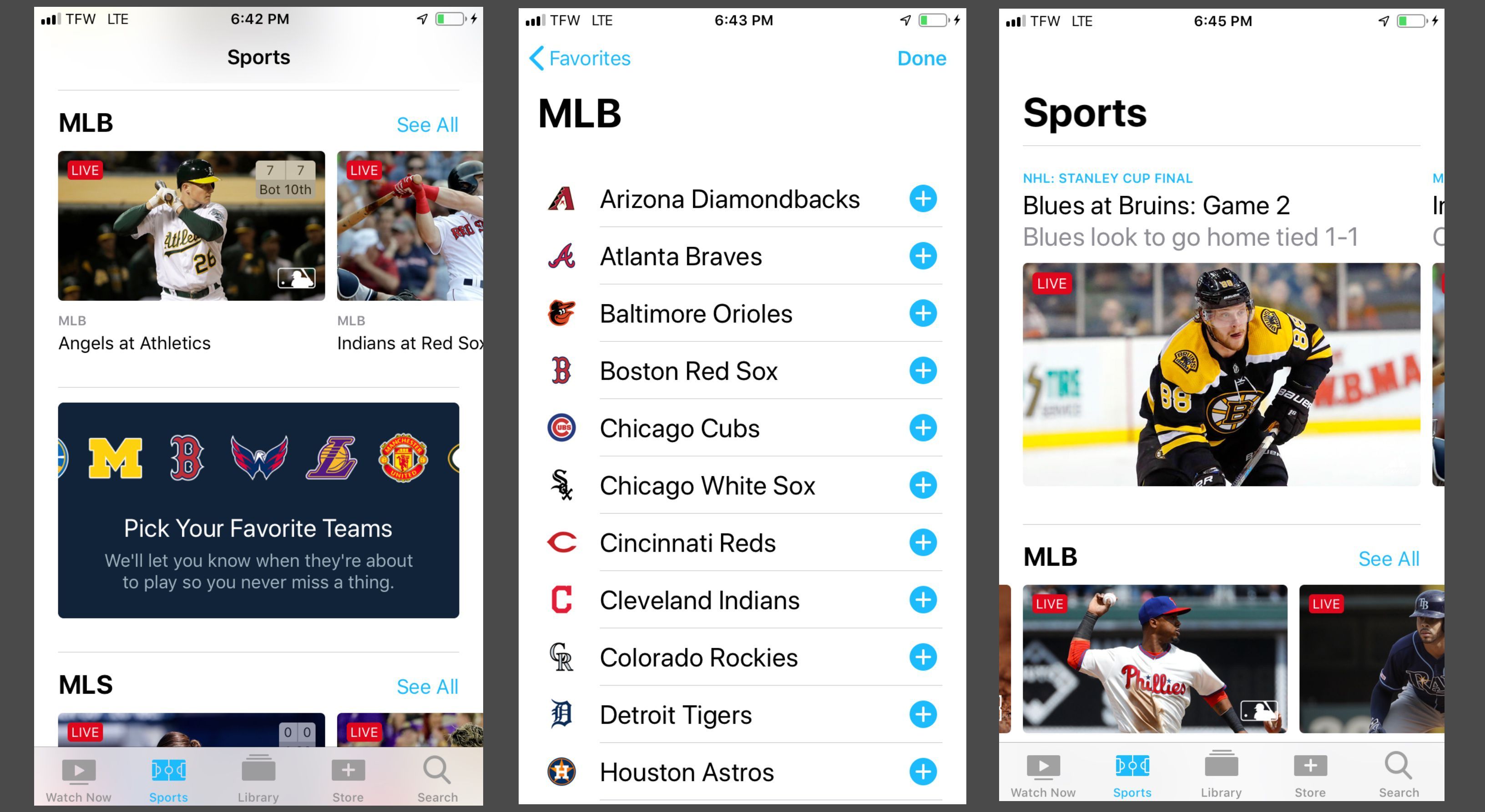 Выбор любимой спортивной команды с помощью приложения «Спорт на Apple TV»
