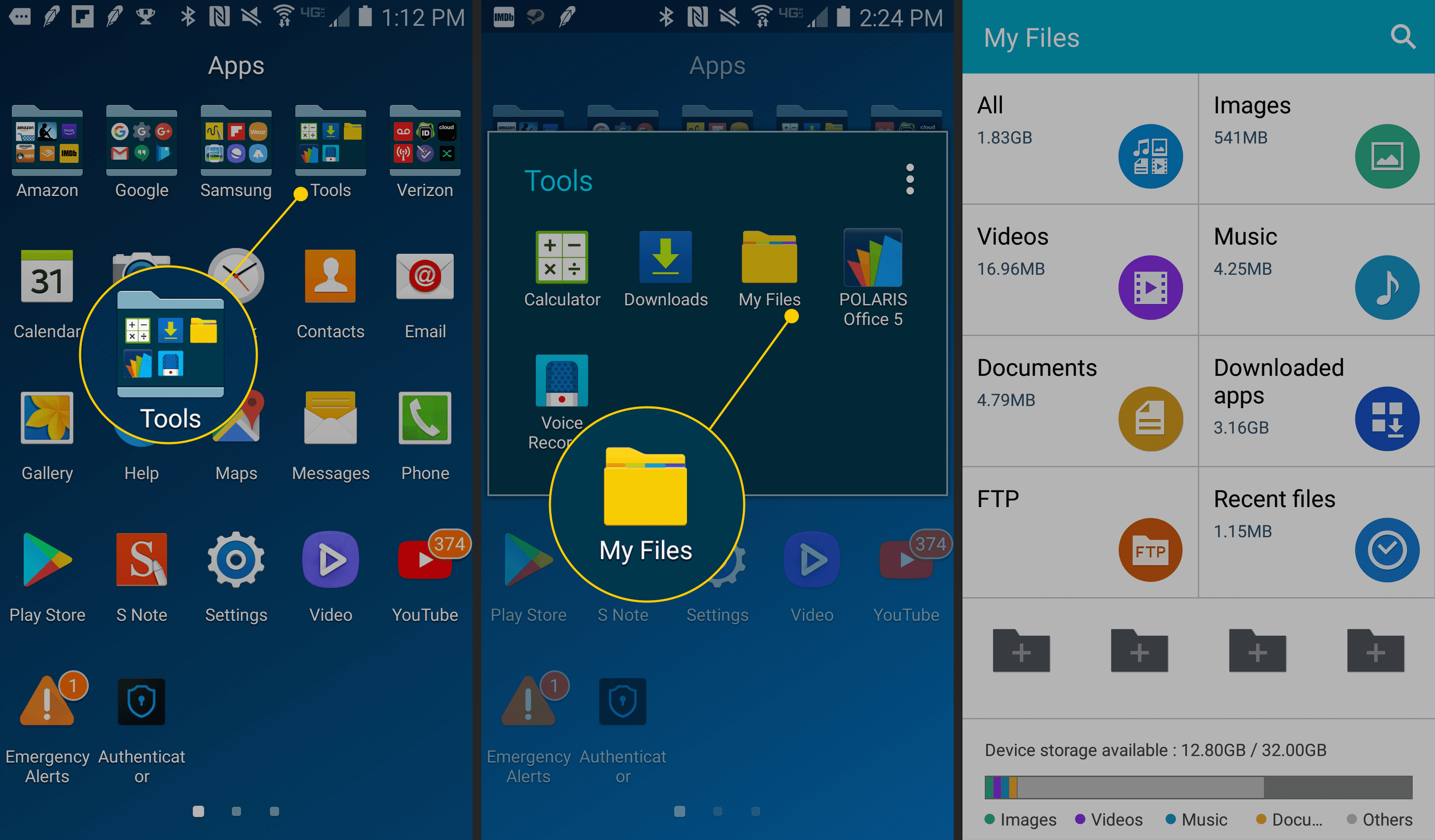 Папка «Инструменты», приложение «Мои файлы», «Мои файлы» запущены на Android
