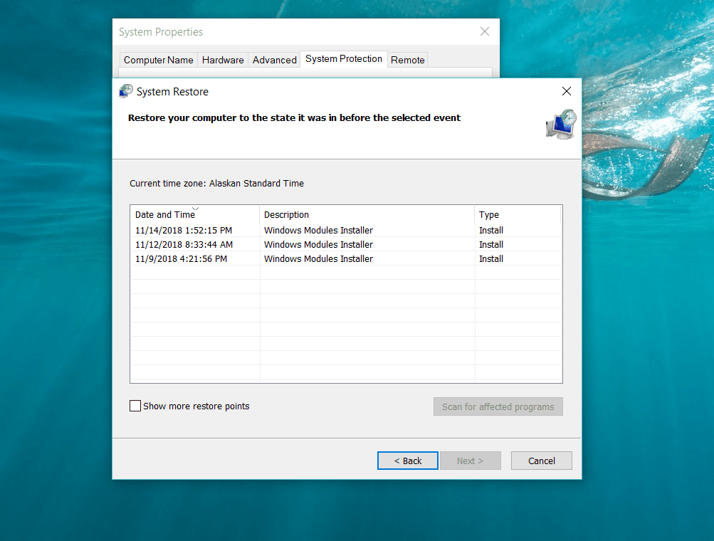 Восстановление точек в Windows 10